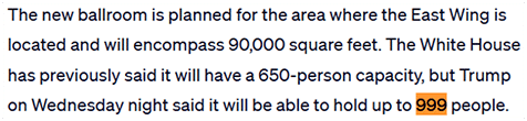 The new ballroom is planned for the area where the East Wing is located and will encompass 90,000 square feet. The White House has previously said it will have a 650-person capacity, but Trump on Wednesday night said it will be able to hold up to 999 people.