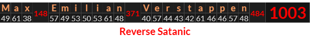 "Max Emilian Verstappen" = 1003 (Reverse Satanic)