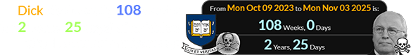 Dick died exactly 108 weeks (or 2 years, 25 days) after Yale’s ‘Skull & Bones’ anniversary: