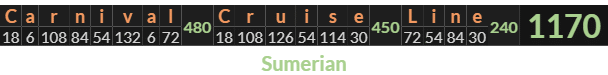 "Carnival Cruise Line" = 1170 (Sumerian)