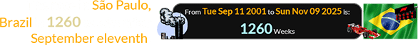 The race in São Paulo, Brazil is 1260 weeks after September eleventh: