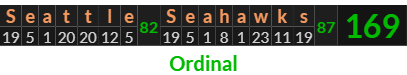 "Seattle Seahawks" = 169 (Ordinal)