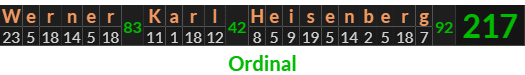 "Werner Karl Heisenberg" = 217 (Ordinal)