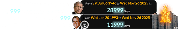 The blaze was a span of 28,999 days after George W. Bush was born and 11,999 days after his father left office: