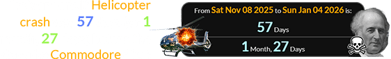 The Vanderbilt Helicopter crash was 57 days (or 1 month, 27 days) before the date the Commodore died: