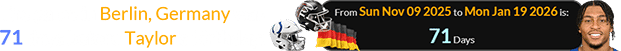The game in Berlin, Germany was 71 days before Taylor’s birthday: