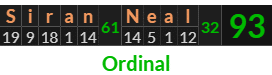"Siran Neal" = 93 (Ordinal)