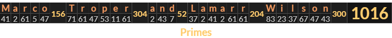 "Marco Troper and Lamarr Wilson" = 1016 (Primes)