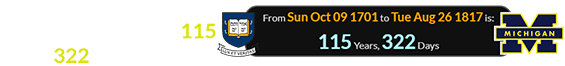The University of Michigan was founded a span of 115 years, 322 days after Yale: