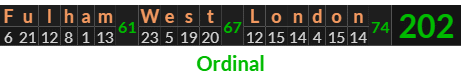 "Fulham West London" = 202 (Ordinal)