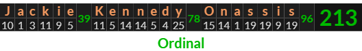 "Jackie Kennedy Onassis" = 213 (Ordinal)