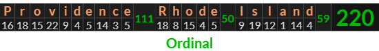 "Providence Rhode Island" = 220 (Ordinal)