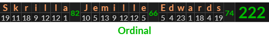 "Skrilla Jemille Edwards" = 222 (Ordinal)