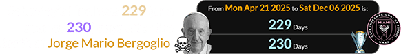 Saturday’s Final was 229 (or a span of 230) days after the death of Jorge Mario Bergoglio: