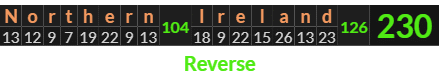 "Northern Ireland" = 230 (Reverse)