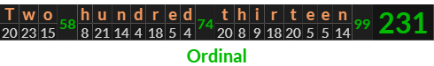 "Two hundred thirteen" = 231 (Ordinal)