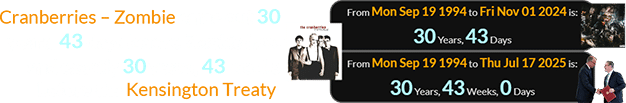 Cranberries – Zombie came out 30 years, 43 days before Zombie Love and exactly 30 years, 43 weeks before the Kensington Treaty: