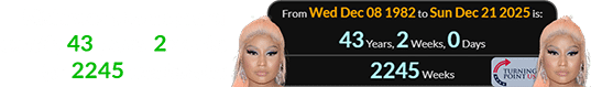 Nicki was also a span of exactly 43 years, 2 weeks (or 2245 weeks) old: