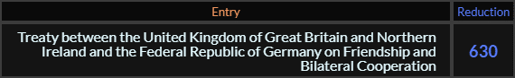 "Treaty between the United Kingdom of Great Britain and Northern Ireland and the Federal Republic of Germany on Friendship and Bilateral Cooperation" = 630 (Reduction)