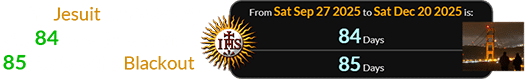 The Jesuit anniversary was 84 days (or a span of 85) before the Blackout: