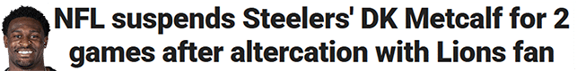 NFL suspends Steelers' DK Metcalf for 2 games after altercation with Lions fan