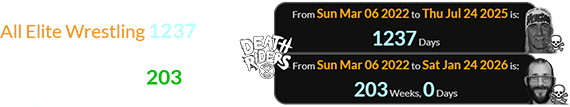 The Death Riders debuted in All Elite Wrestling 1237 days before Hulk Hogan died and a span of exactly 203 weeks before Alex Pretti was shot: