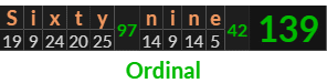 "Sixty nine" = 139 (Ordinal)