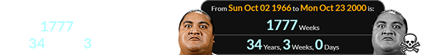 The pro wrestler Yokozuna died at 1777 weeks (or exactly 34 years, 3 weeks) of age: