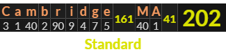 "Cambridge MA" = 202 (Standard)