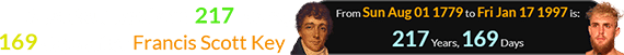 Jake Paul was born 217 years, 169 days after Francis Scott Key: