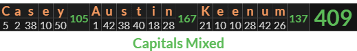 "Casey Austin Keenum" = 409 (Capitals Mixed)