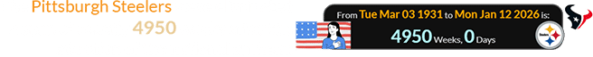 The Pittsburgh Steelers were eliminated a span of exactly 4950 weeks after the adoption of the national anthem: