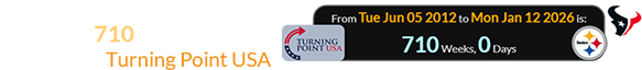 The game was played a span of exactly 710 weeks after the founding of Turning Point USA: