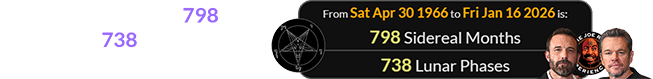 The podcast came out 798 Lunar orbits (or 738 Lunations) after the Church of Satan was founded: