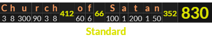 "Church of Satan" = 830 (Standard)