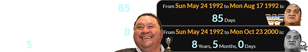 Akebono’s first yūshō was 85 days before Yokozuna’s WWF debut and a span of exactly 8 years, 5 weeks before his death: