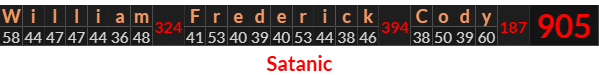 "William Frederick Cody" = 905 (Satanic)