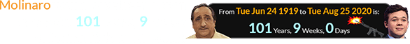 Molinaro would have been a span of exactly 101 years, 9 weeks old when Kyle went postal: