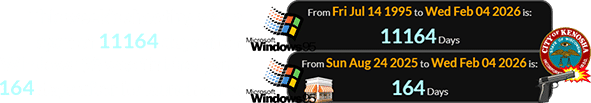 This week’s shooting was a span of 11164 days after Windows 95 was finished, and 164 days after its launch date: