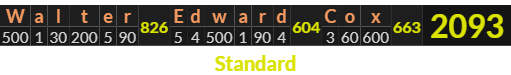 "Walter Edward Cox" = 2093 (Standard)