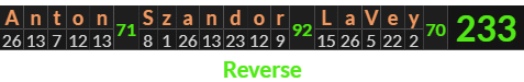 "Anton Szandor LaVey" = 233 (Reverse)