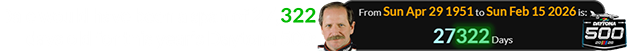 Dale would have been a span of 27,322 days old for this year’s Daytona 500: