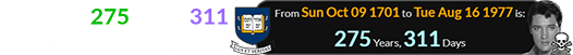 Elvis died 275 years, 311 days after Yale’s founding: