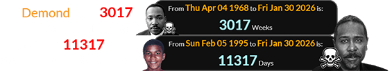 Demond died 3017 weeks after MLK was shot and 11317 days after Trayvon was born: