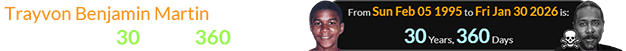 Trayvon Benjamin Martin would have been a span of 30 years, 360 days old: