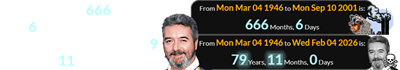 John Virgo was 666 months, 6 days old on the eve of 9/11 and died at exactly 79 years, 11 months of age: