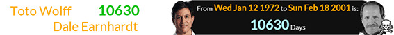 Toto Wolff was 10630 days old when Dale Earnhardt died: