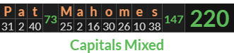 "Pat Mahomes" = 220 (Capitals Mixed)