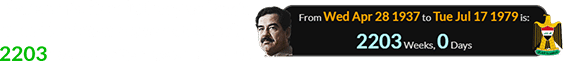 Saddam’s first full day as Iraq’s president was a span of exactly 2203 weeks after he was born:
