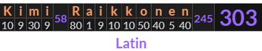 "Kimi Raikkonen" = 303 (Latin)
